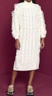 FARM RIO Dress Women’s Small Cream NWOT Fringed Cable Knit Midi Sweater Casual