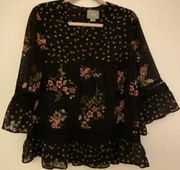 Maeve Anthropologie Bell Sleeve Floral Black Pink Blouse Women's Sz Small