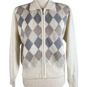 Vintage Jeanne Pierre Zip Cardigan Sweater Medium Ivory Argyle Lambswool Angora