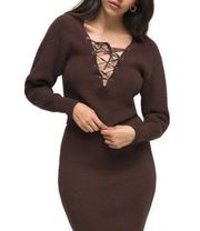 GOOD AMERICAN Womens Brown Chocolate Rib Lace-up Long Sleeves Sweater