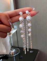 Elegant White Pearl Dangle Drop Earrings for Women,CZ Tassel Pearl Earrings