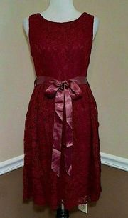 NEW Coco Love Burgundy Lace Sleeveless Knee-Length Ribbon Sash ModCloth Dress L