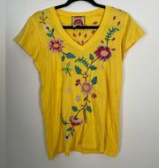 Johnny Was JWLA Embroidered Floral Peacock Yellow V-Neck T-Shirt