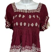 Tularosa Revolve Maroon Mulled Wine Embroidered Tasseled Benny Peasant Top