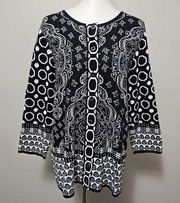 Isaac Mizrahi Black & White Geo Paisley Jacquard Knit Cardigan Size XL