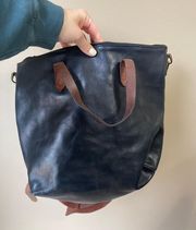 Black Brown Leather Zip Top Transport Tote Medium