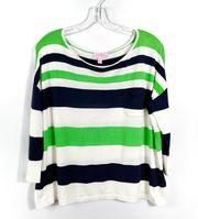 Alanis Green White Navy Blue Striped Boxy Fit 3/4 Sleeve Sweater