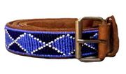 VTG Handmade Western Leather Beaded Belt Patterned Geometric Belt Blue White