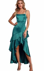 Lulu’s Yori Teal Green Satin Ruffled Tiered High-Low Maxi Dress NWT