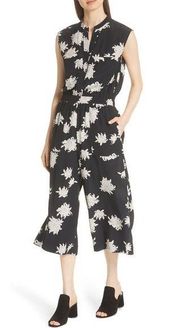 VINCE Chrysanthemum Black & White Print Floral 100% Silk Jumpsuit Size Large