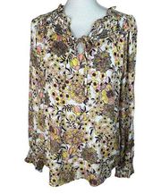 Jane and Delancey Floral Smocked Tunic Top Tie Neckline White Pink Yellow XL