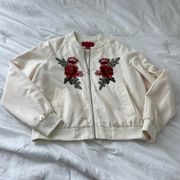 Saks Fifth Avenue Cream Bomber Jacket With Embroidered Patches