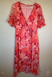 Kensie Midi Wrap Dress Womens Size 12 Hot Pink Floral Ruffle Faux Wrap Spring