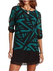 Black and green geometric print shift dress size large