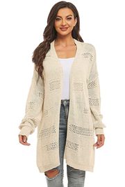 Hollow Out Open Front Knit Long Oversized Cardigan Sweater Outerwear Beige S
