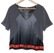 Silk Studded V-Neck Top Short Sleeve Blouse Grey Gray Embellished, size 10