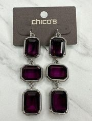 Chico's Val Lin Purple Rhinestone Silver Tone Dangle Earrings Pierced Pair