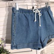 Forever 21 medium blue elastic waist cord tie high rise cotton jeans shorts sz S