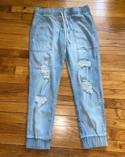 BELLA DAHL Women’s Blue Chambray Drawstring Waist Distressed Jogger Pants Size M