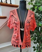 New Direction Orange Crochet 100% Acrylic Short Sleeve Open Front Cardigan S