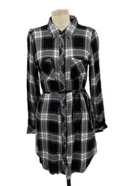 Rails Nadine Belted Plaid Shirtdress Black Ash Plaid Print Size Medium