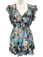 Poetry Floral Top Blue Blue Size M Sheer Short Sleeves Tunic Ruffles Tie Back