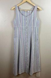 L.L. Bean Seersucker Midi Dress Size Small Petite Button Front Preppy Blue