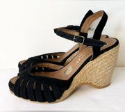 Eric Michael Kamielle Black Suede Espadrille Wedges Ankle Strap Size 7.5 or 38