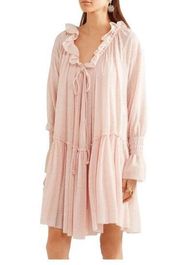 See by Chloe Bow-Detailed Ruffled Gauze Mini Dress Size XS Oversized Pastel Pink