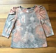 Kim & Cami Tie Dye Top Pink Gray Large Women's 3/4 Puff Sleeve Scoop Neck