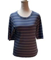 Oliva Rae Blue & White Striped Short Sleeve Round Neck Textured Women's Top XL