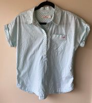 Light Blue Gingham Print, Half Button Down, Collared Shirt