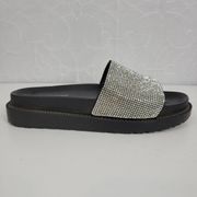 Catherine Malandrino Womens Sandals Size 7 Black Silver Rhinestone Flat Slides