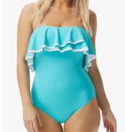 Contours by Coco Reef Womens Ruffle Strapless One Piece Swimsuit Blue 10 34C NWT