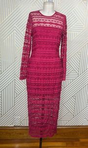 Saylor Suzie Long Sleeve Lace Sheath Midi Dress Fuchsia Pink Size Medium