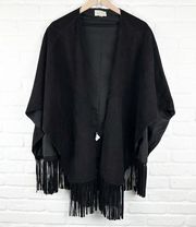 Hinge Black Leather Suede Fringe Shawl Poncho Cape Vest One Size