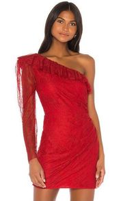 Revolve Camila Coelho Lecia Lace Ruffle One Shoulder Mini Dress in Flame Red