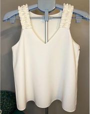 Cooper & Ella Off White Tank Top w/ruffled straps and V-neck. Satin feel. Sz XS