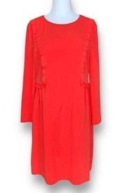 CeCe Carly Dress Red Ruffle Detail Knee Length Shift Long Sleeve Round Neck