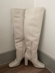 Cream Leather Knee-High Boots