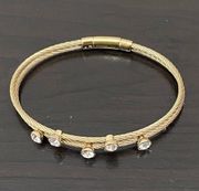 FOSSIL Goldtone Stainless Steel Cable Wire CZ Cubic Zirconia Push Lock Bracelet