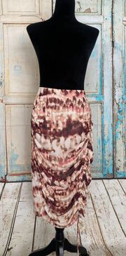 Women Tie Dye Mesh Ruched Midi Bodycon Skirt Lined Size Medium