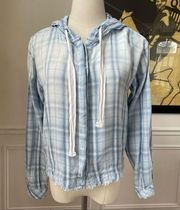 Cloth & Stone Melange Blue Plaid Fray Hem Button Front Hoodie Shirt XS