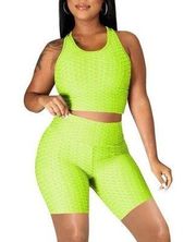 Women's Two Piece Workout Set: Sport Bra & High Waist Shorts Set Green S Stretch