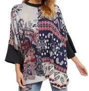 Free People Pieced Knit Fringe Paisley Poncho Sweater XS/S