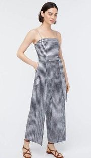 J. Crew Navy and White Gingham Linen Tie Waist Jumpsuit