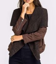 Lush Women’s Draped Faux Suede and Sweater Brown Open Front Moto Jacket Sz L