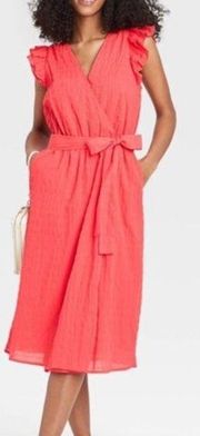 A NEW DAY Ruffle Short Sleeve Faux Wrap Dress Coral Red Pink Cotton Midi Boho 1X