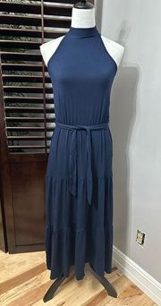 Loveappella Womens A Line Dress Blue Keyhole Maxi Halter Sleeveless Belt S New