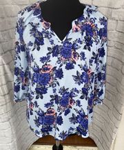 Small floral print vneck 3/4 sleeve blouse w/ruffle collar